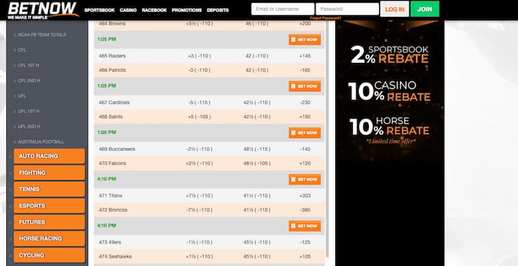 A snapshot of BetNow, one of our top rated Massachusetts sports betting sites.
